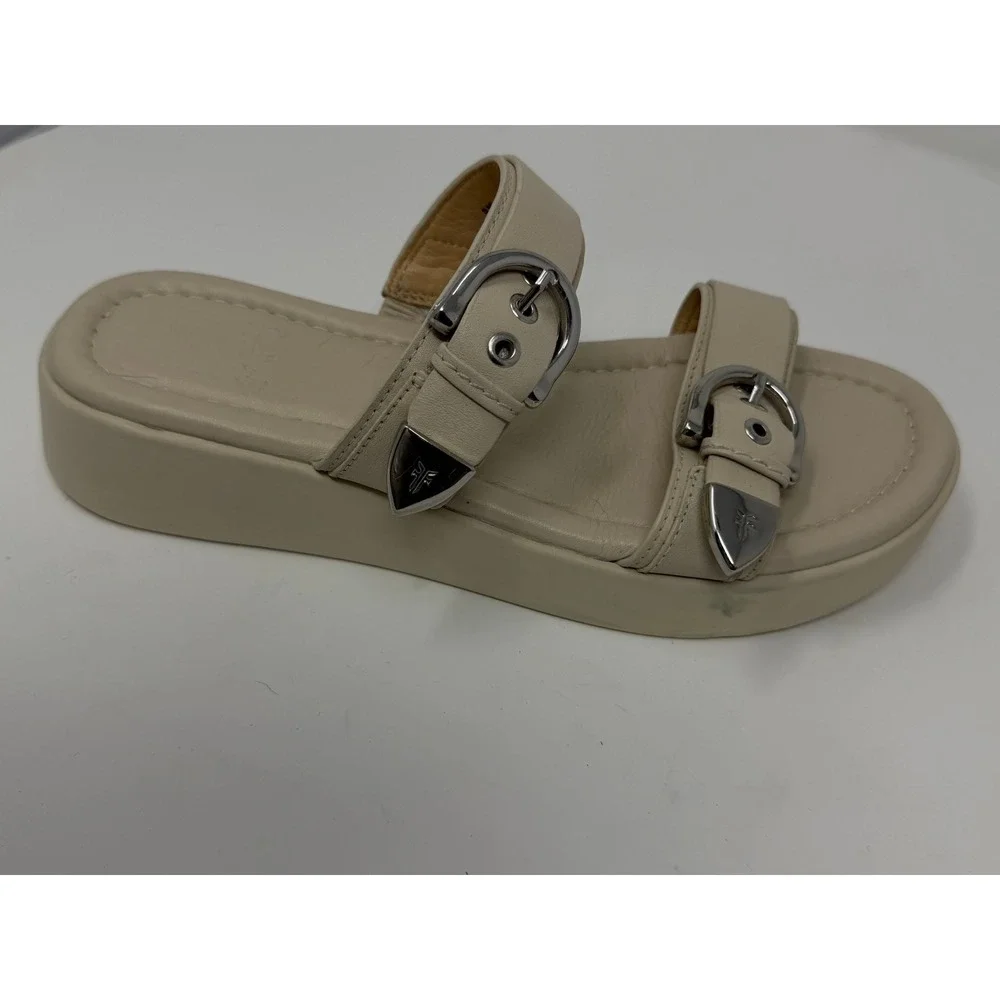 Frye Western Double Buckle Platform Slide Sandal Beige Leather Women Size 8
